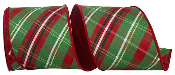 Four-inch wide red-backed plaid dupioni ribbon with wired edges in diagonal green and red pattern.