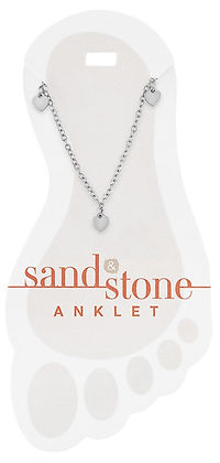 Silver stainless steel anklet with three heart-shaped dangles on a foot-shaped display card.