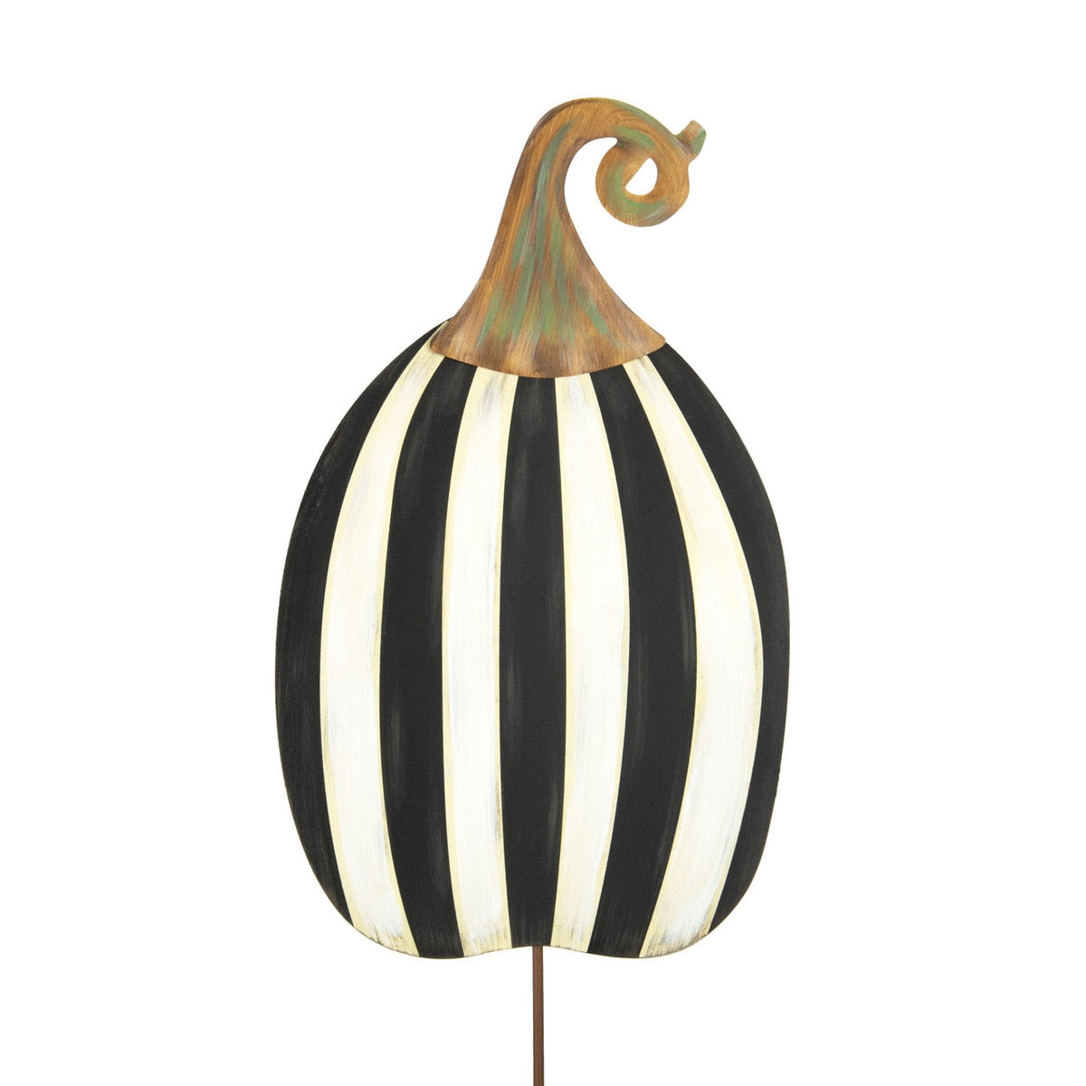 Black ceramic pumpkin with white vertical stripes on a stake stand