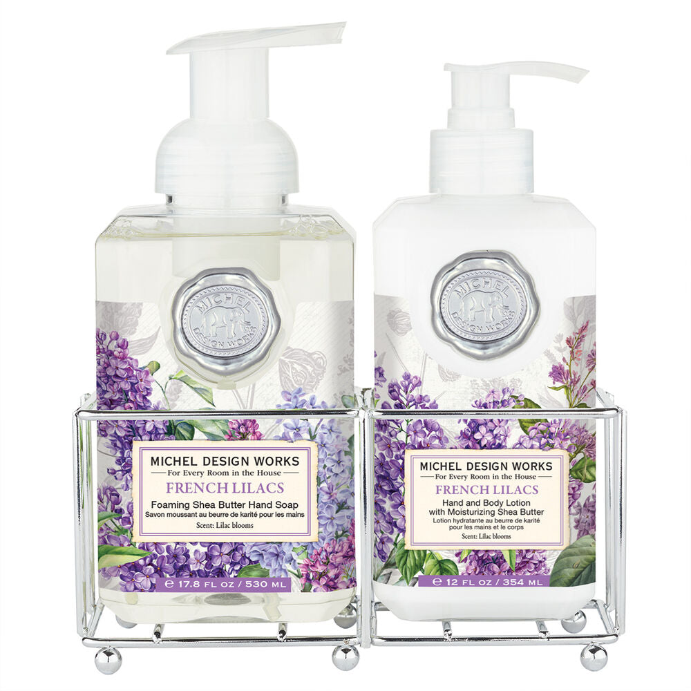 Foaming hand soap bottle with lotion pump in a caddy