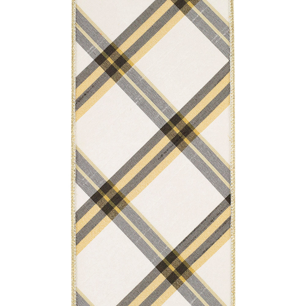 Diagonal Dupioni Deluxe Metallic Backed Wired Edge Ribbon with yellow and black plaid pattern