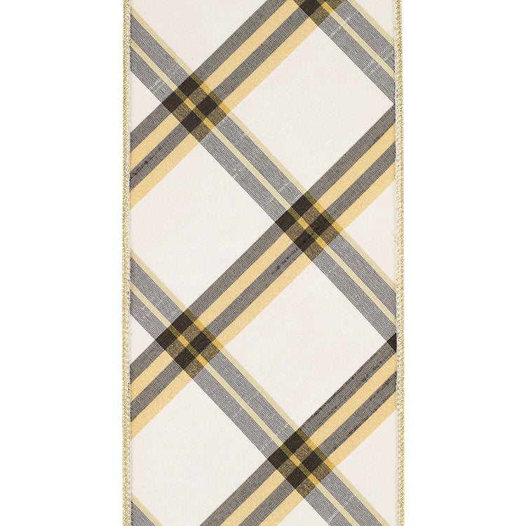 Diagonal Dupioni Deluxe Metallic Backed Wired Edge Ribbon with yellow and black plaid pattern