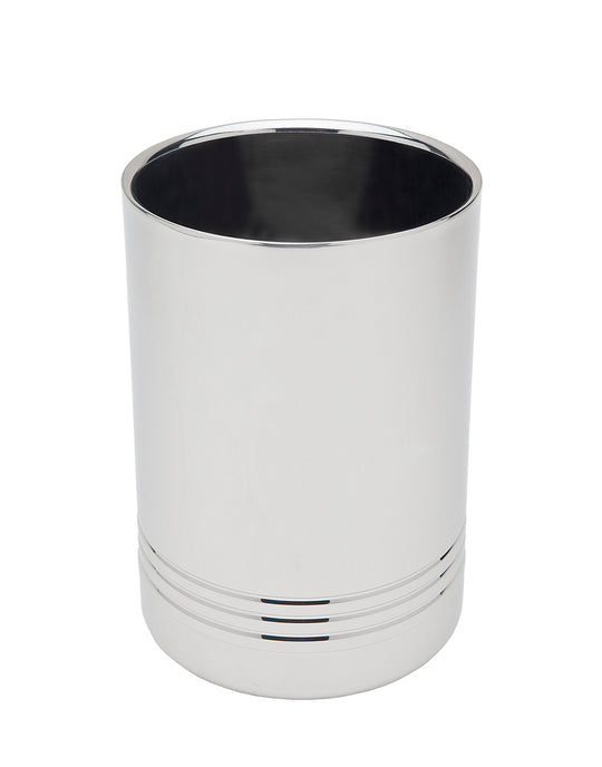 Top Shelf Double Walled Bottle Chiller in polished stainless steel with three decorative rings.