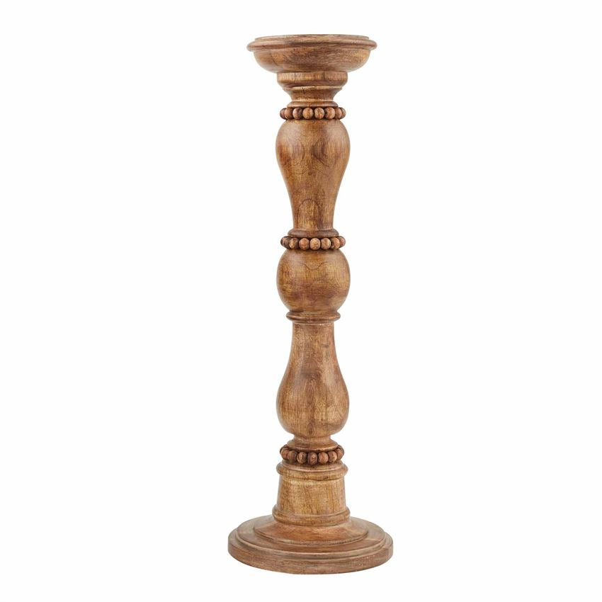 Small beaded mango wood candlestick with a cylindrical silhouette.
