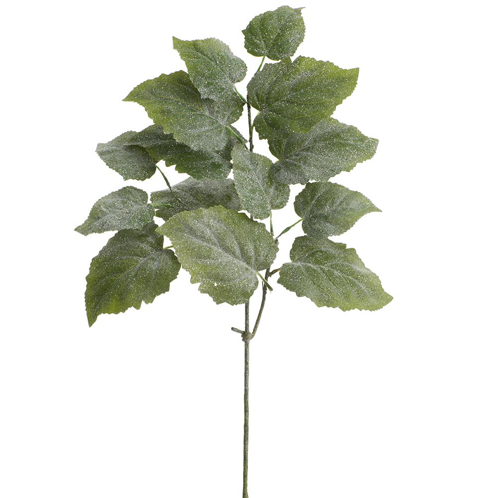 29-inch green glittered hydrangea leaf spray with multiple textured leaves on a single stem.