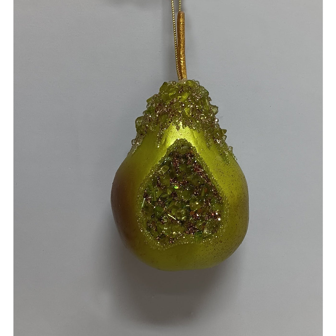 Green pear ornament with a metallic finish and a sparkling, crystalline geode-like center.