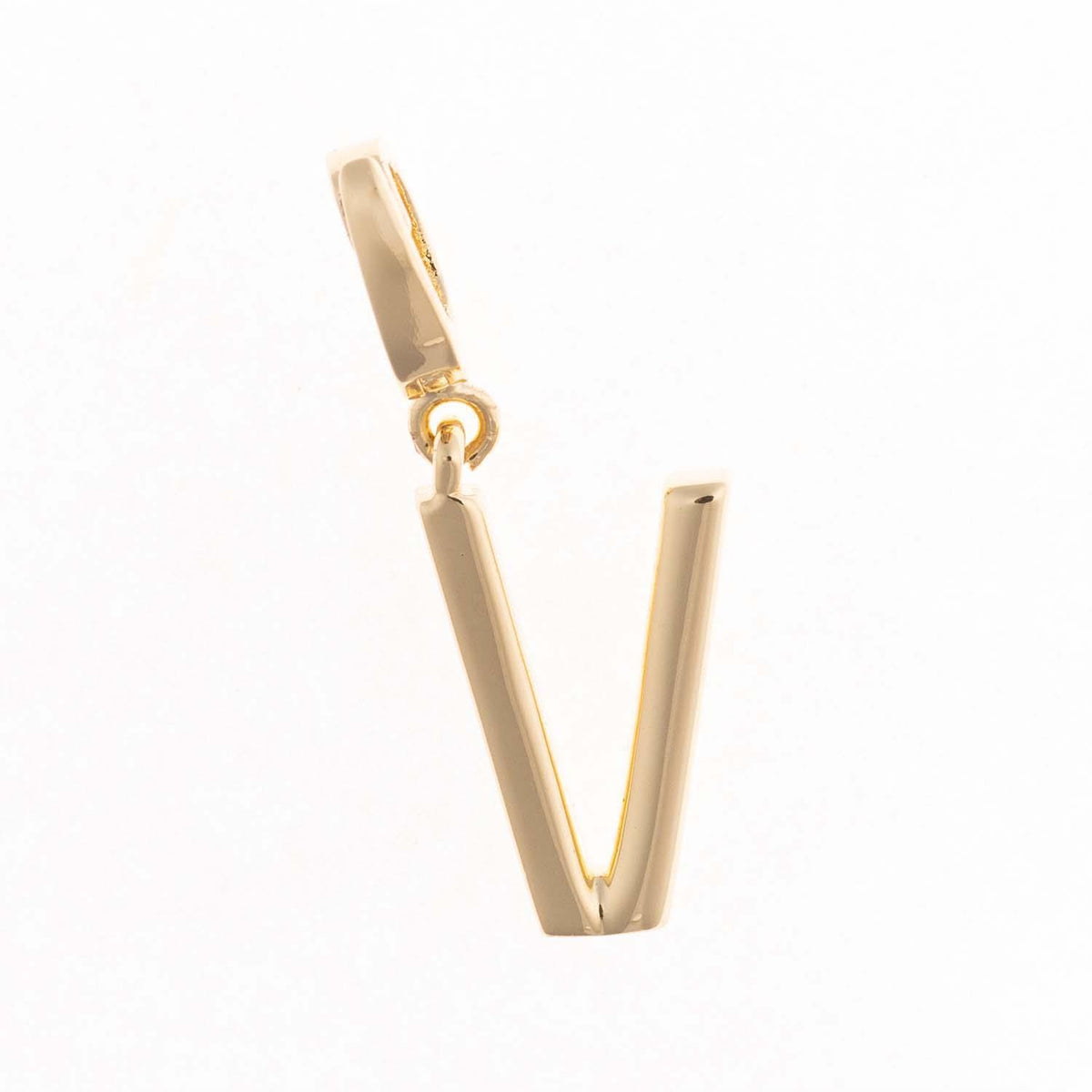 18k gold plated Tia Initial Charm in the letter V with a clasp attachment.