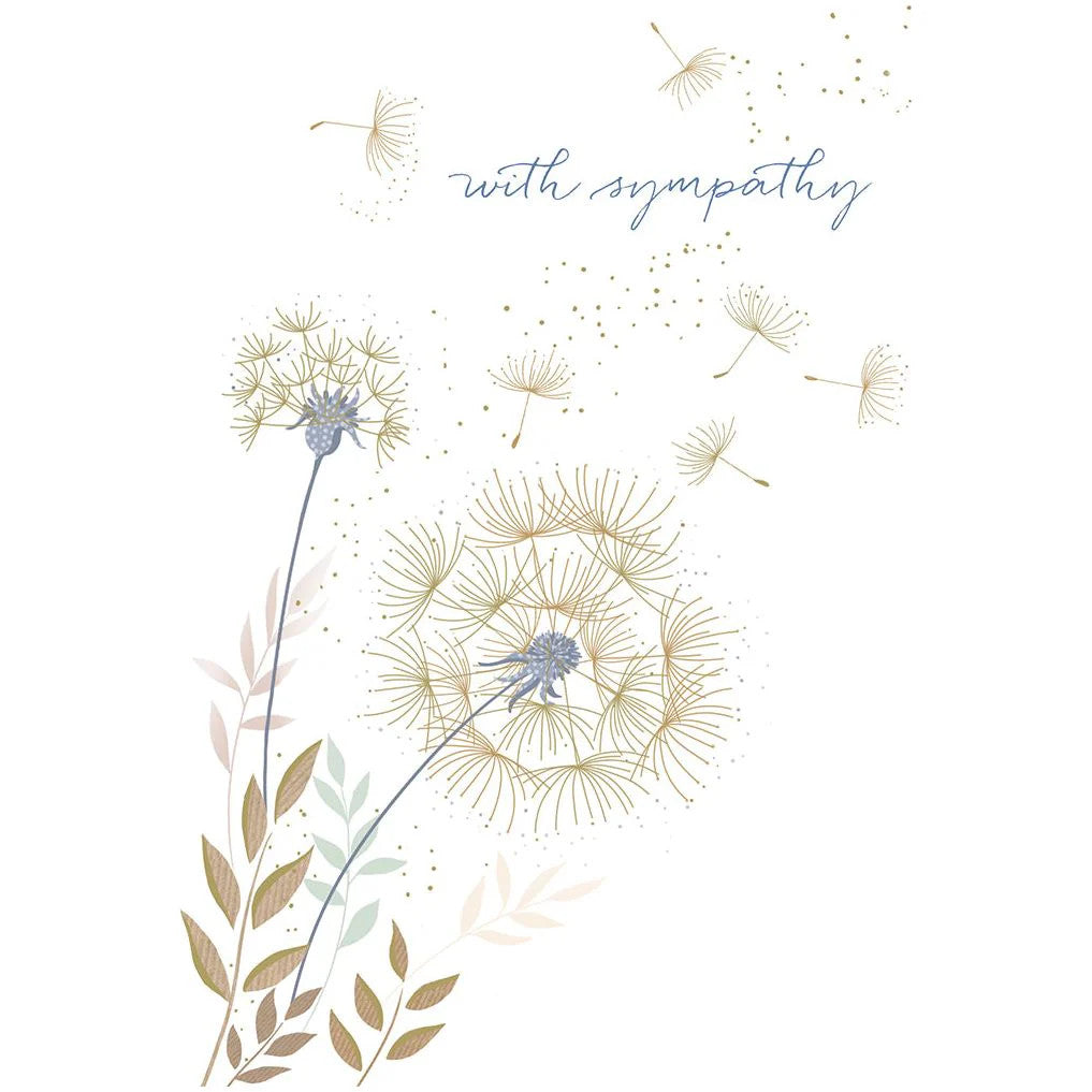 Sara Miller foil sympathy card featuring dandelion illustrations with a heartfelt message inside.