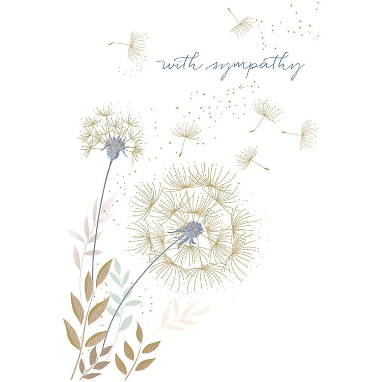 Sara Miller foil sympathy card featuring dandelion illustrations with a heartfelt message inside.