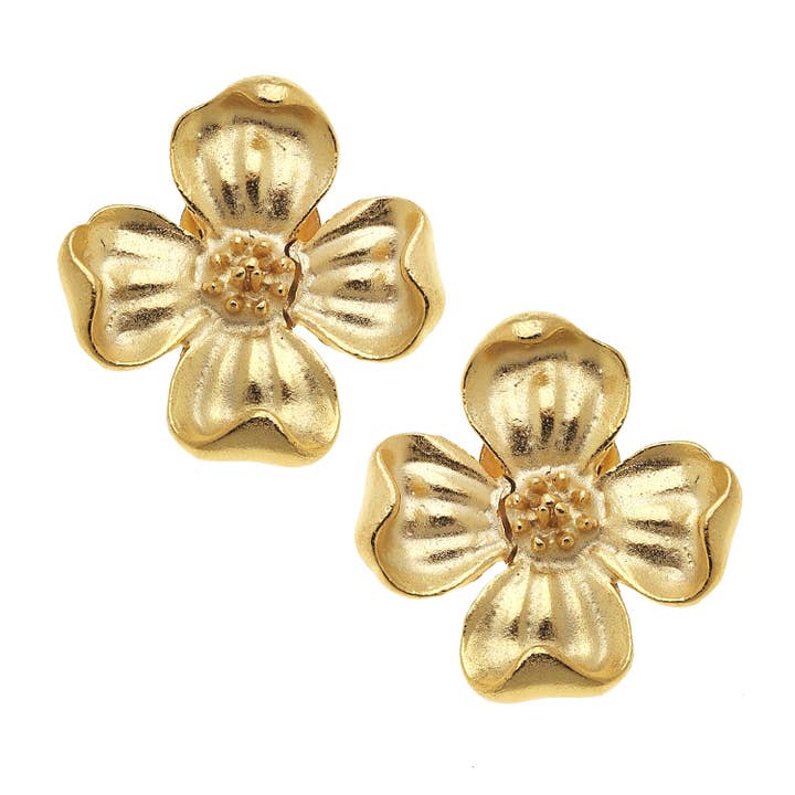 Pair of gold dogwood flower stud earrings with a textured finish and four petals.