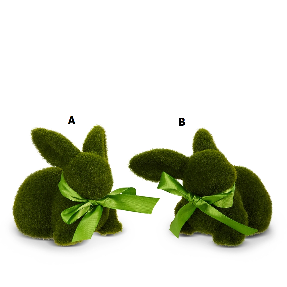 Five-point-five-inch moss rabbit plush toy with a green flocking texture.