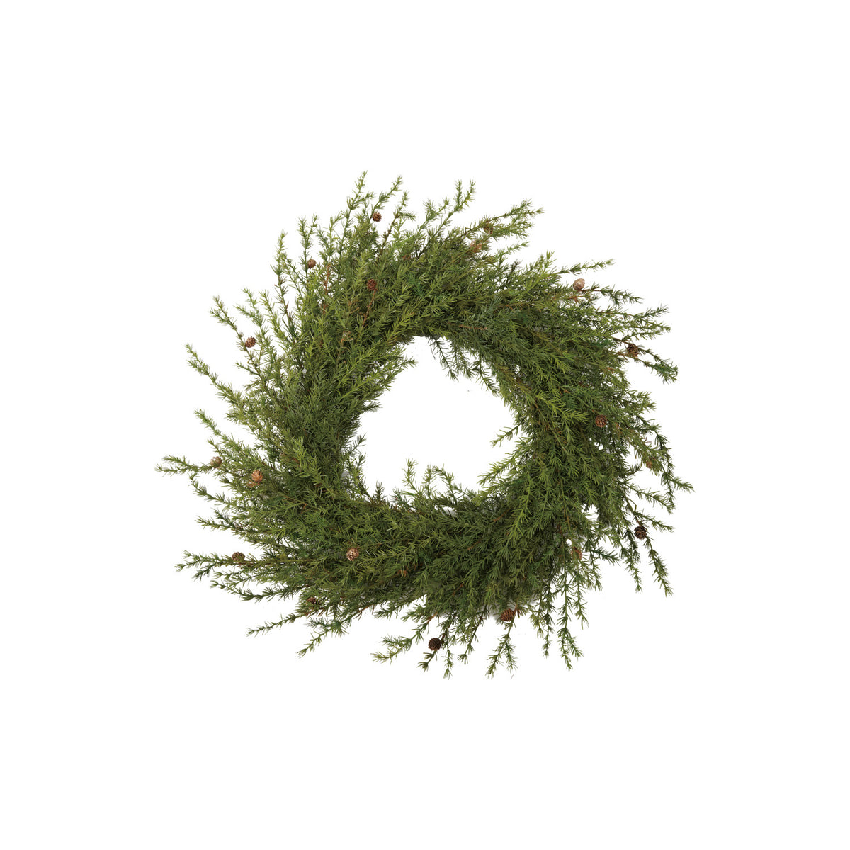 55-inch round faux cedar wreath with green foliage and small natural pinecones.