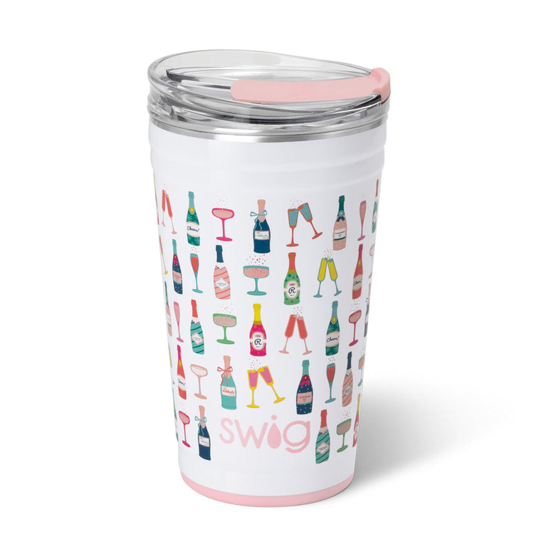 White 24oz insulated stainless steel party cup with a colorful champagne and wine bottle pattern.