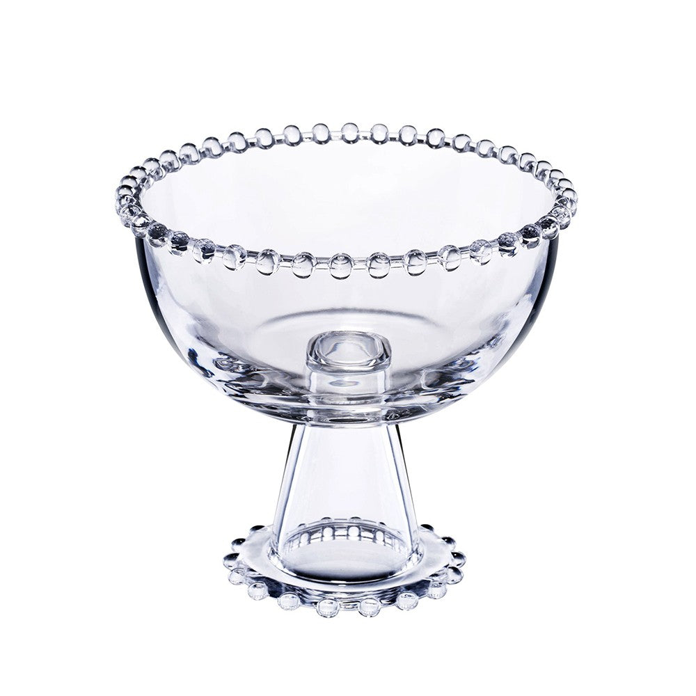 Clear glass beaded dessert bowl with a pedestal base and decorative rim.