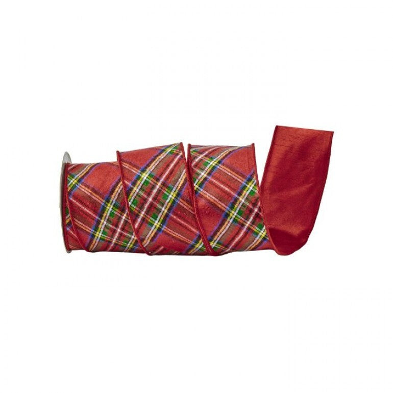 Red cotton ribbon with a classic plaid pattern in green, yellow, and white on a white background.