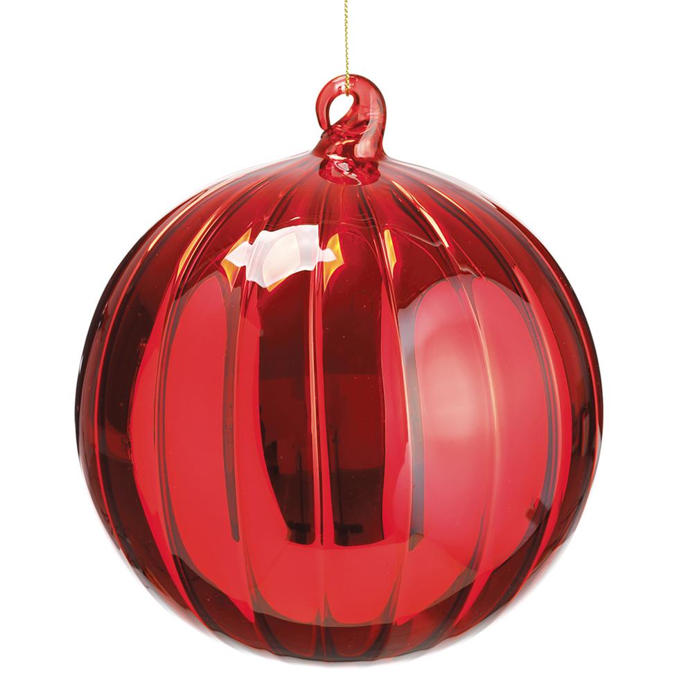 6-inch red glass ball ornament with vertical ribbed texture and a glass hanging loop.