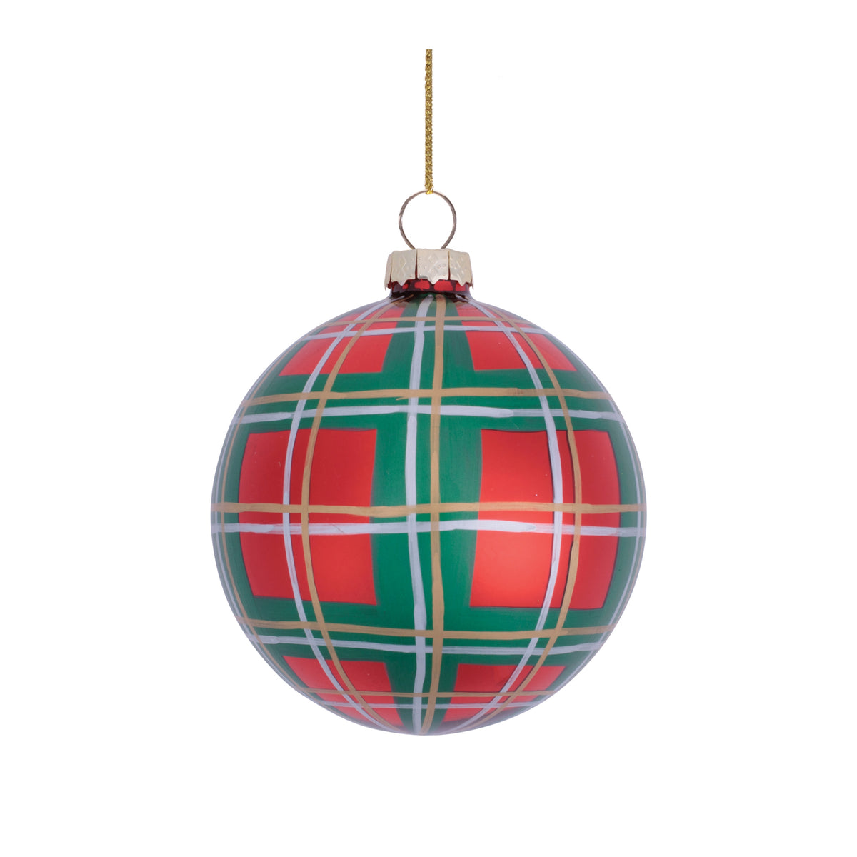 5-inch glass ball Christmas ornament with a red, green, and white plaid pattern and gold accents.