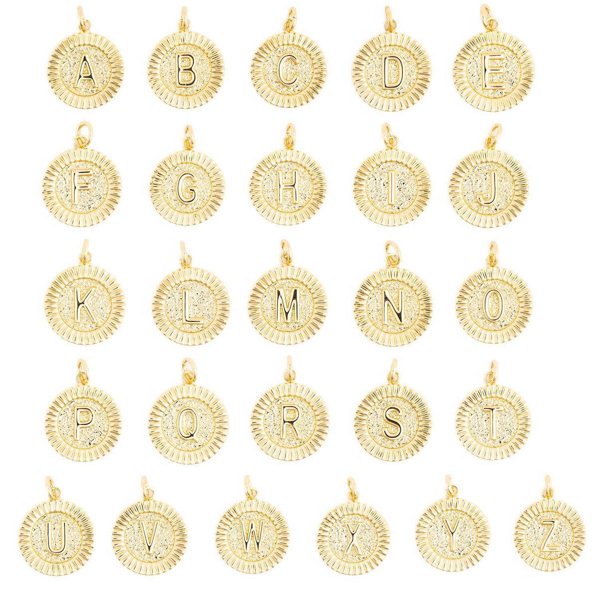 Collection of gold McKenna initial charms featuring letters A through Z in a textured round design.
