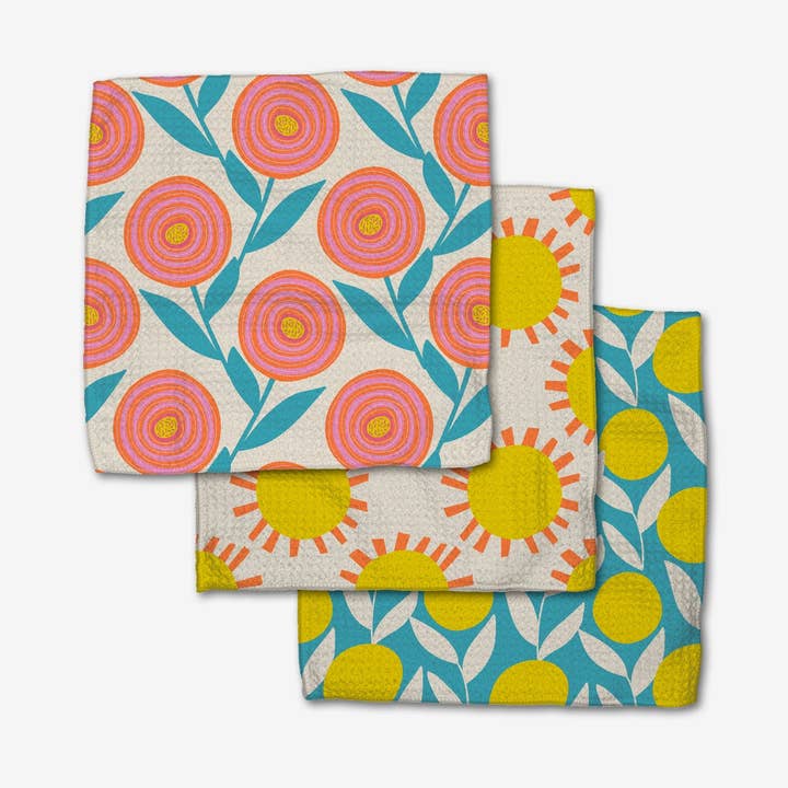 Set of three waffle weave dishcloths in recycled polyester with single-sided prints and hang loops.