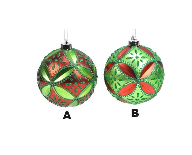 Two floral daisy ball ornaments in red and lime green with glitter accents.