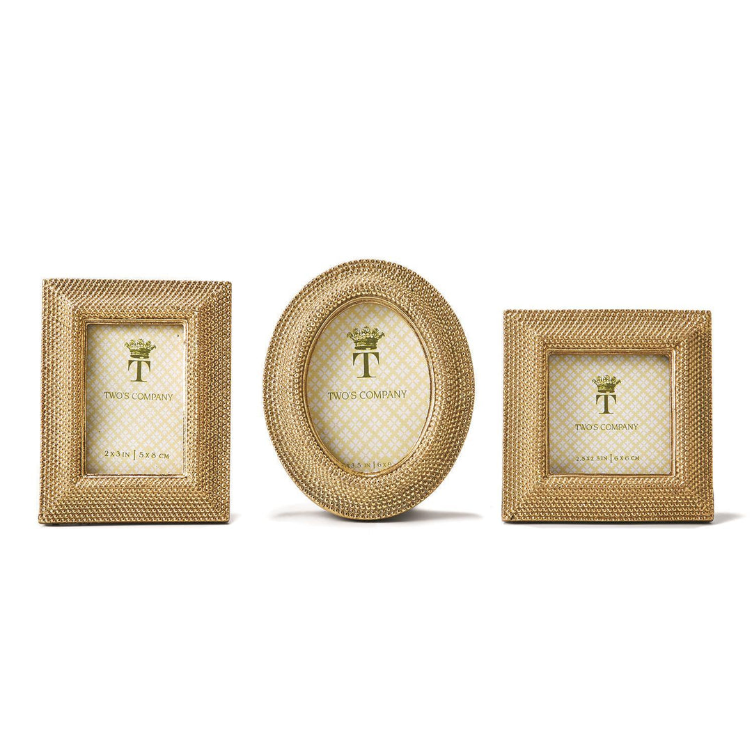 Three Tuileries golden dots photo frames in rectangular, oval, and square shapes with resin borders.