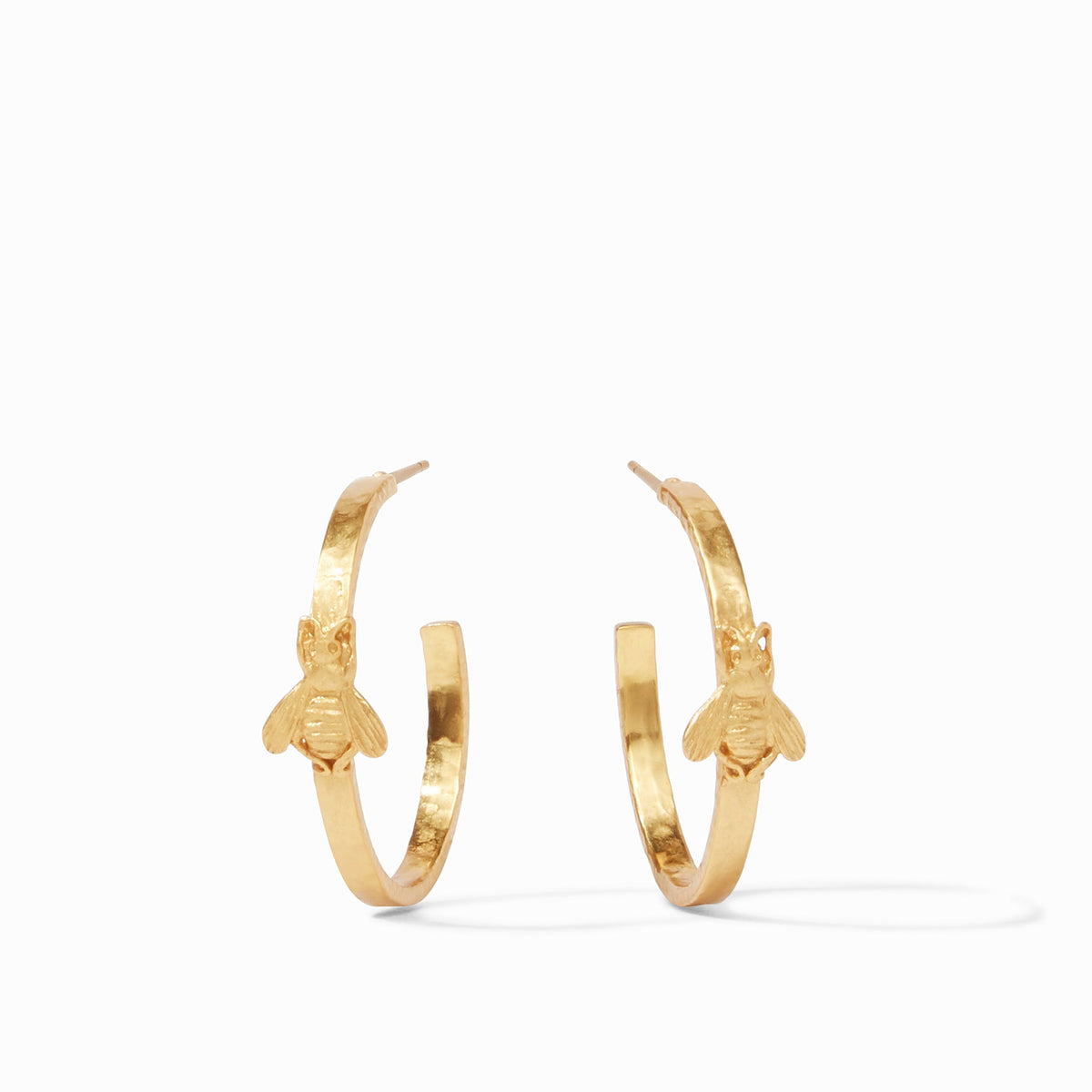 Medium 24K gold-plated hoop earrings featuring a textured bee motif on the front.