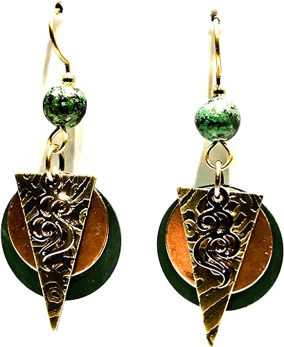 Layered Shapes & Swirls Earrings with green beads, copper discs, and etched brass triangles.