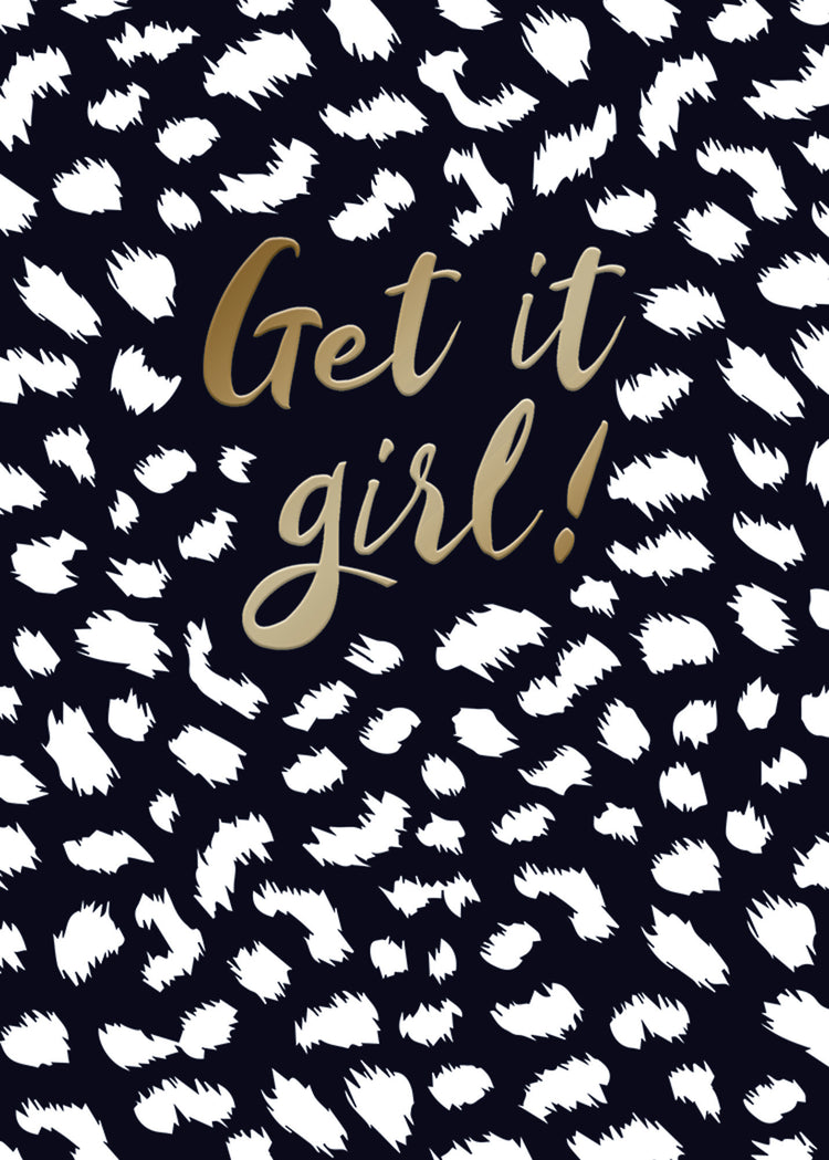 Get It Girl Cheetah Card: black card with cheetah print pattern and gold foil accents.
