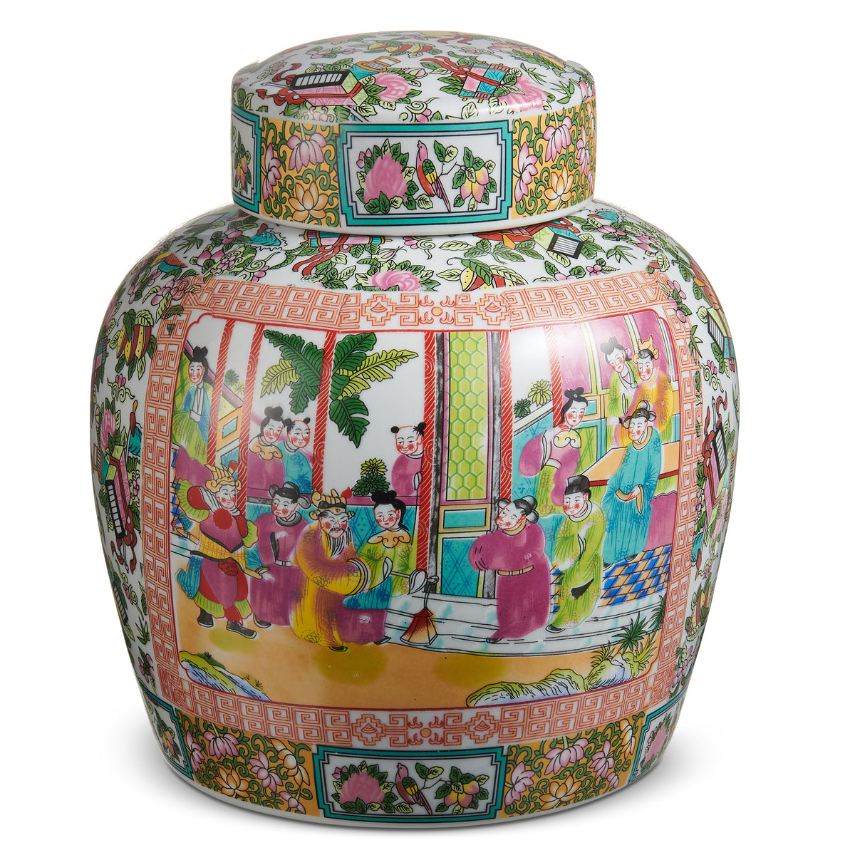 Round clay jar with citrus grove motif, water-sealed finish.