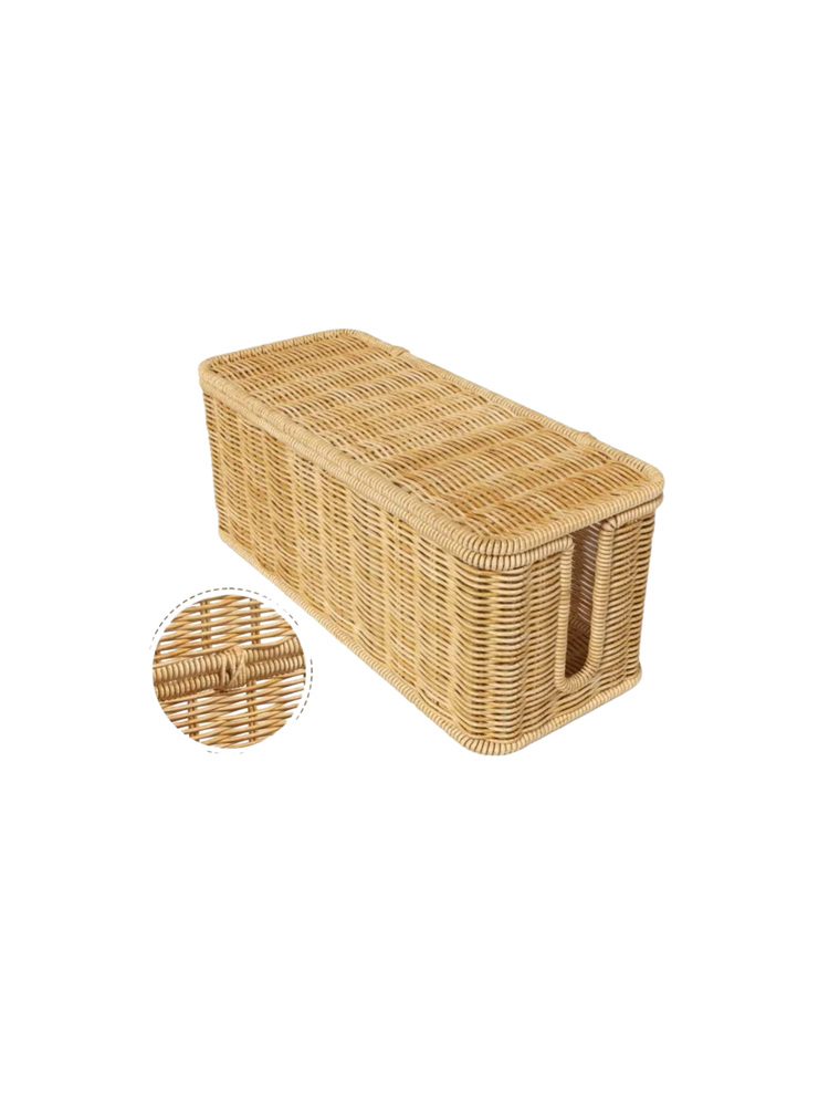 Rectangular woven rattan cable management box with a side slot for cords and a matching lid.
