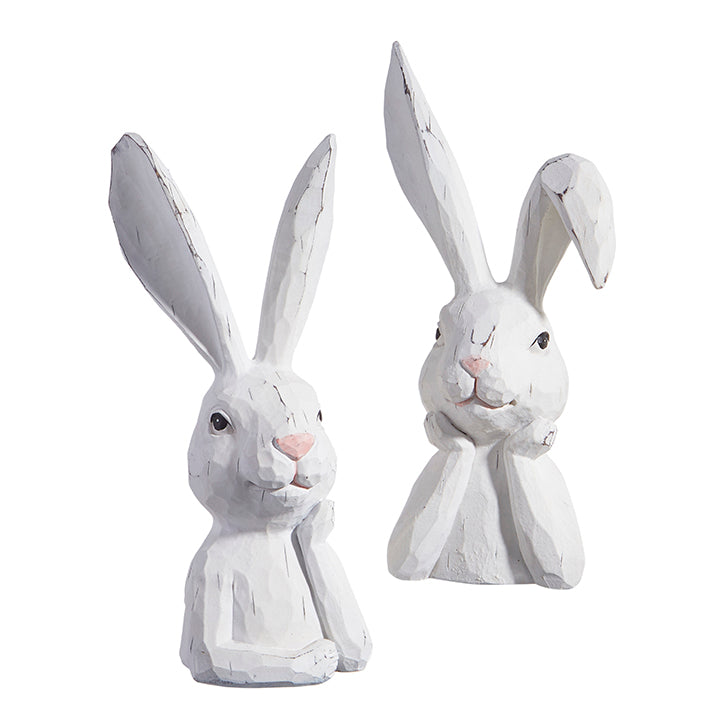 Resin bust sculpture of a rabbit with large ears in neutral tones.