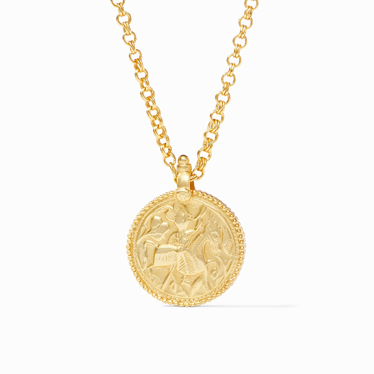 Gold coin pendant on a chain with a circular shape.