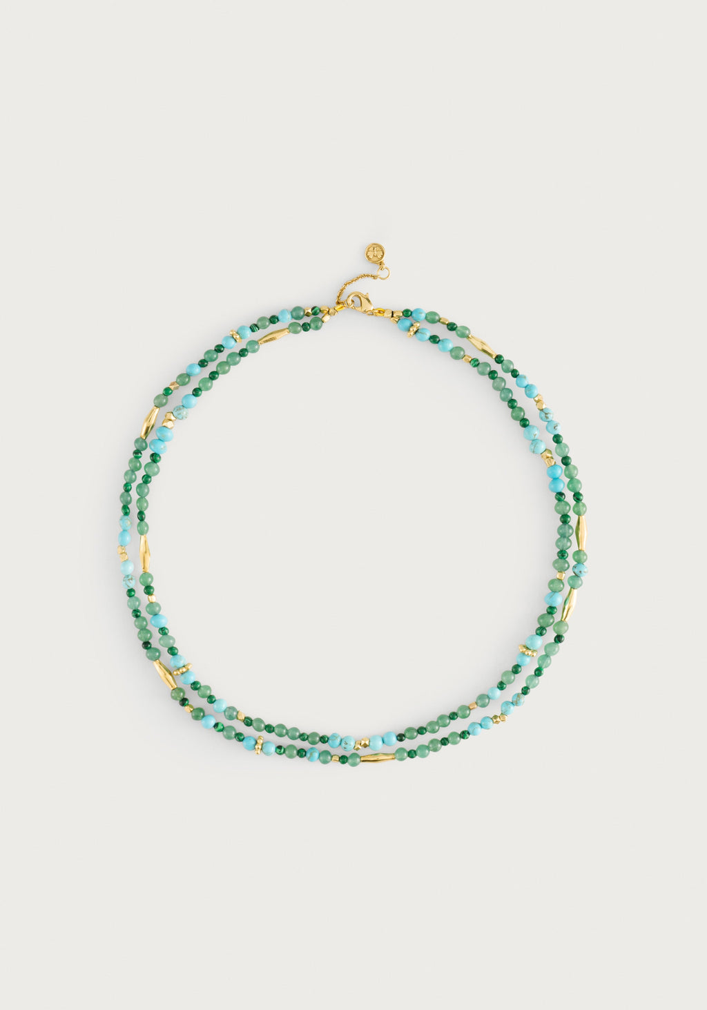 Milos Beaded Necklace featuring double strands of green and turquoise beads with gold-plated accents