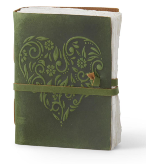 8 inch green leather journal with an embossed floral heart design and a wrap-around strap.