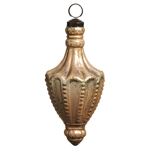 6-inch gold glass finial ornament with scallop detailing and a metal hanging loop.