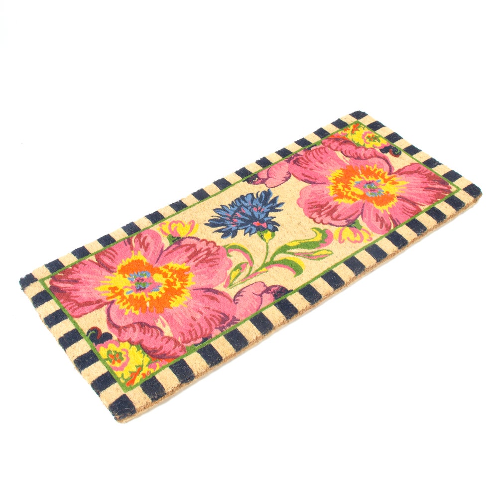 Rectangular coir double door mat with pink and blue floral design and black striped border.