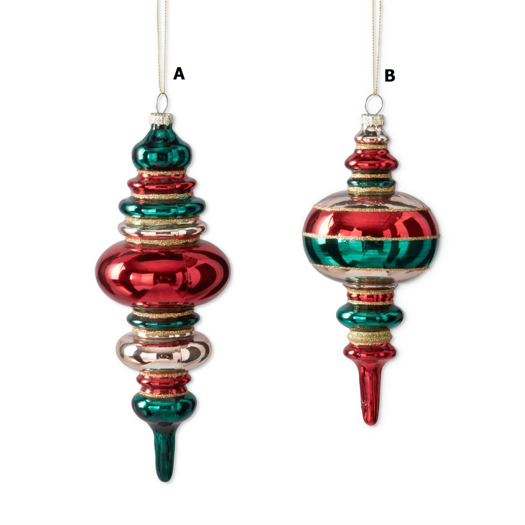 Two red, gold, and green glass finial ornaments with glitter accents hanging from gold strings.