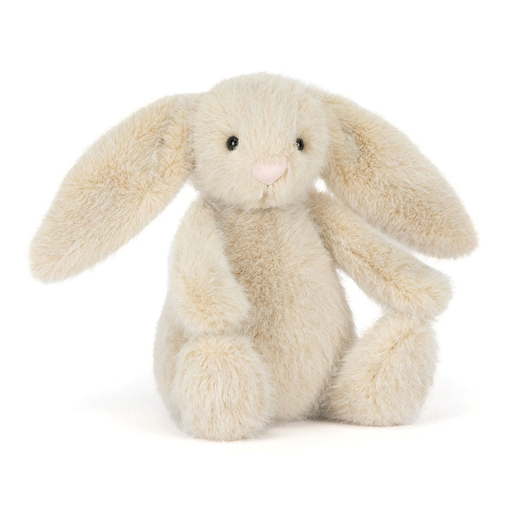 Sitting Flufflet Bunny plush toy with hard eyes made from polyester fabric.