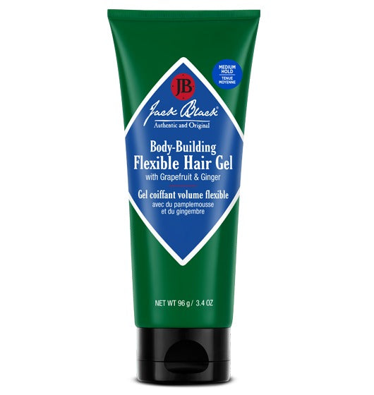 White tube of Body-Building Hair Gel with visible botanical ingredients like grapefruit peel and lavender.