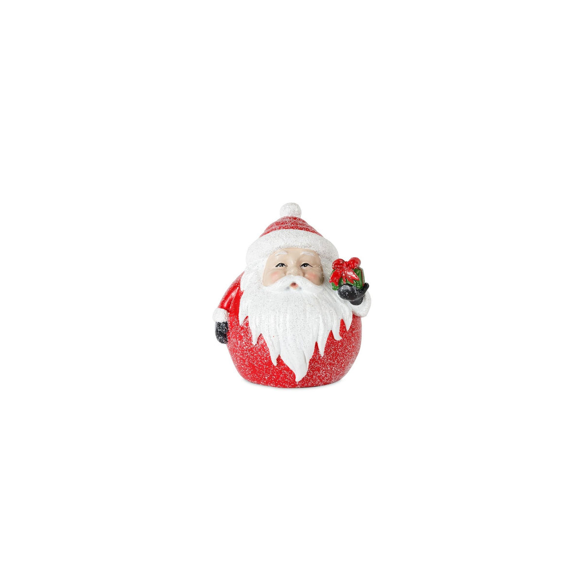 Resin Chibbi Santa figurine with a round red body, white beard, and holding a small green gift.