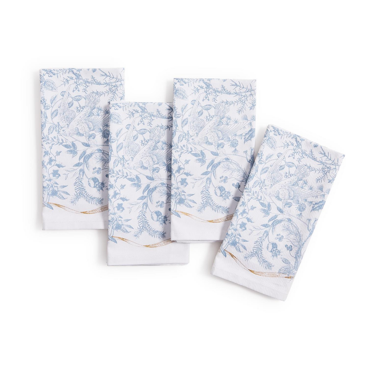 Set of four white cotton napkins with blue bird and botanical patterns and gold gilded accents.
