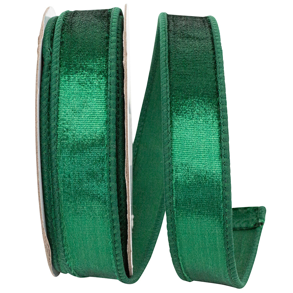 1-inch wide emerald green plush velvet ribbon with a wired edge on a spool.