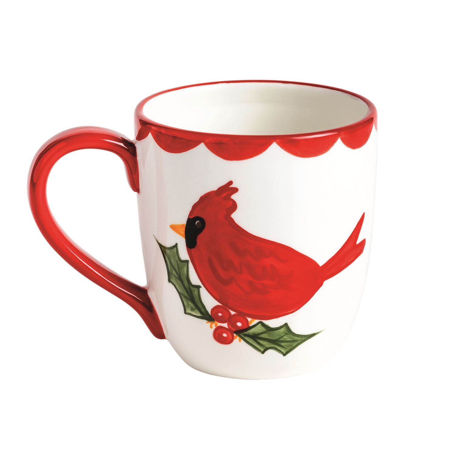 White ceramic Cardinal Mug with a red handle, scalloped rim, and cardinal on a holly branch design.