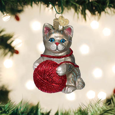 Hand-painted grey glass kitten ornament with glitter playing with a yarn ball