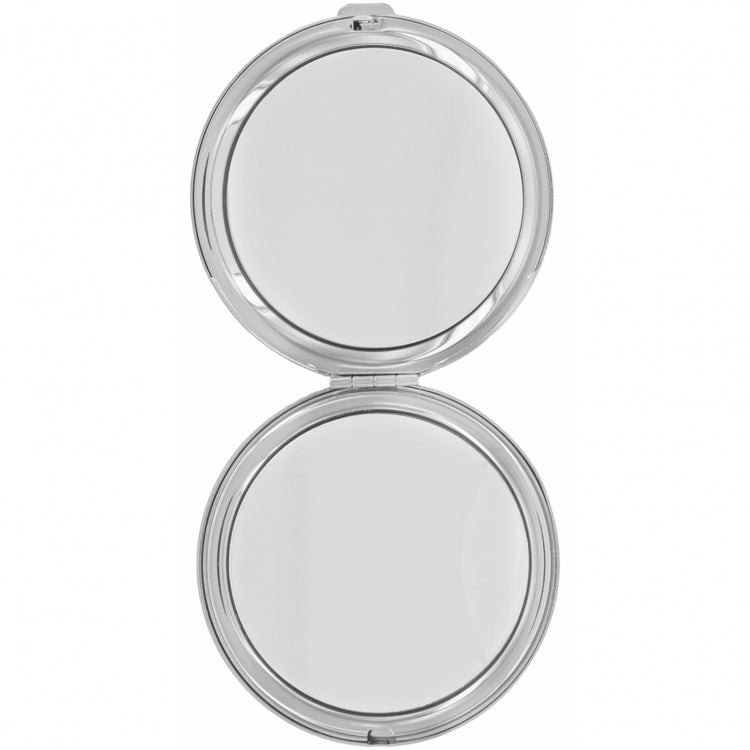 Open Serendipity silver-plated round compact mirror showing two interior mirrors.