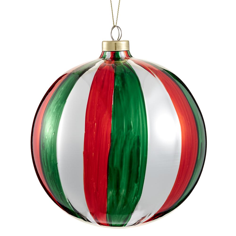 Red glass ball ornament with green accents