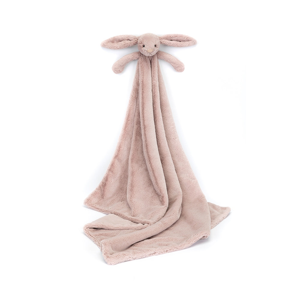 Bashful Luxe Bunny Blankie in soft pink plush with a stuffed bunny head and arms at the top.