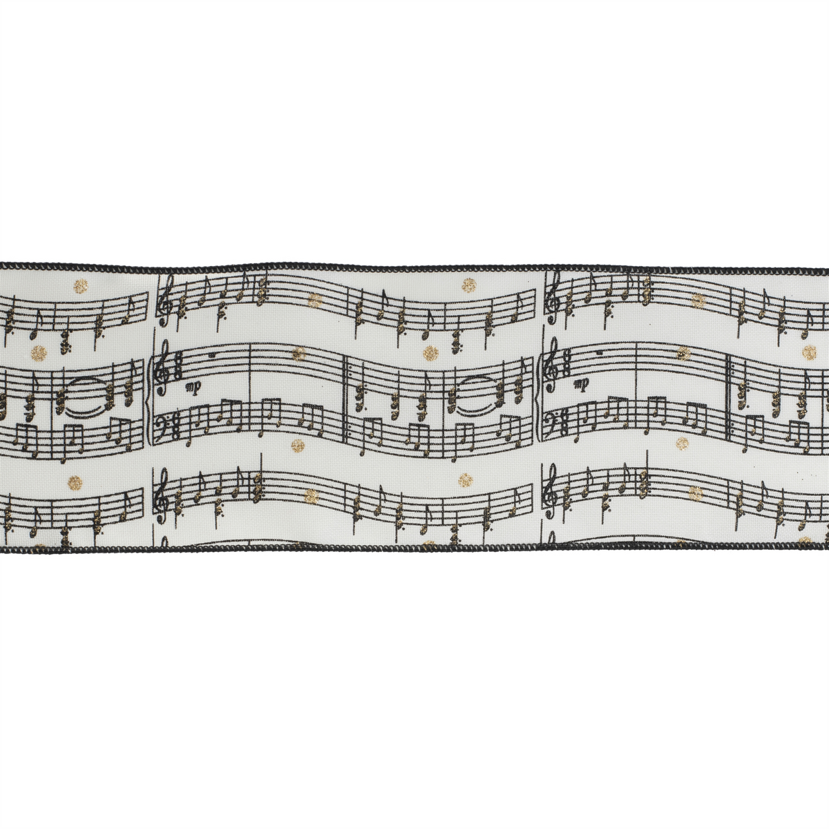 4-inch wide white wired polyester ribbon featuring a black and gold glitter musical score pattern.