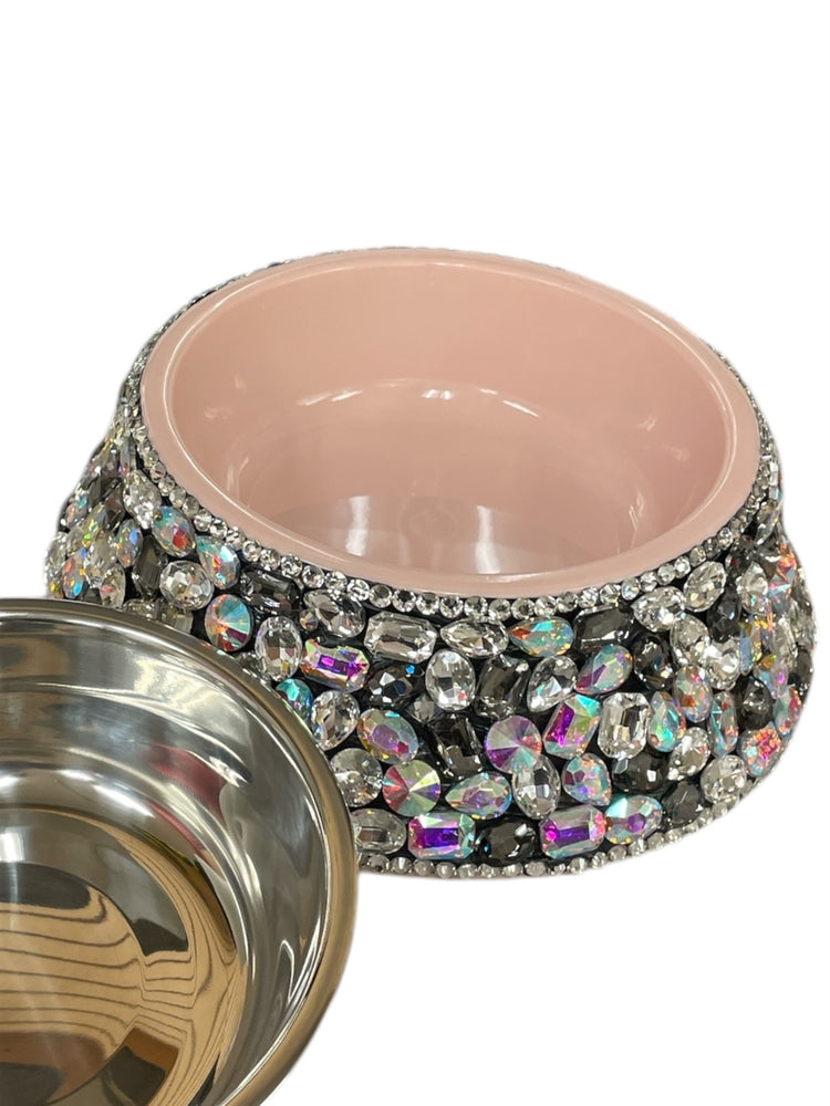 Pink pet bowl with rhinestone embellishments and a removable stainless steel inner dish.
