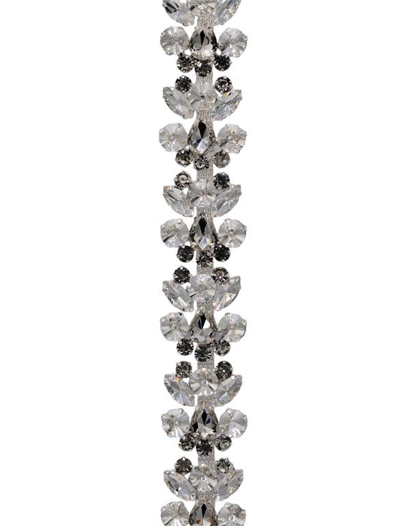 36-inch clear crystal chain featuring a repeating floral-inspired pattern with metallic hooks.